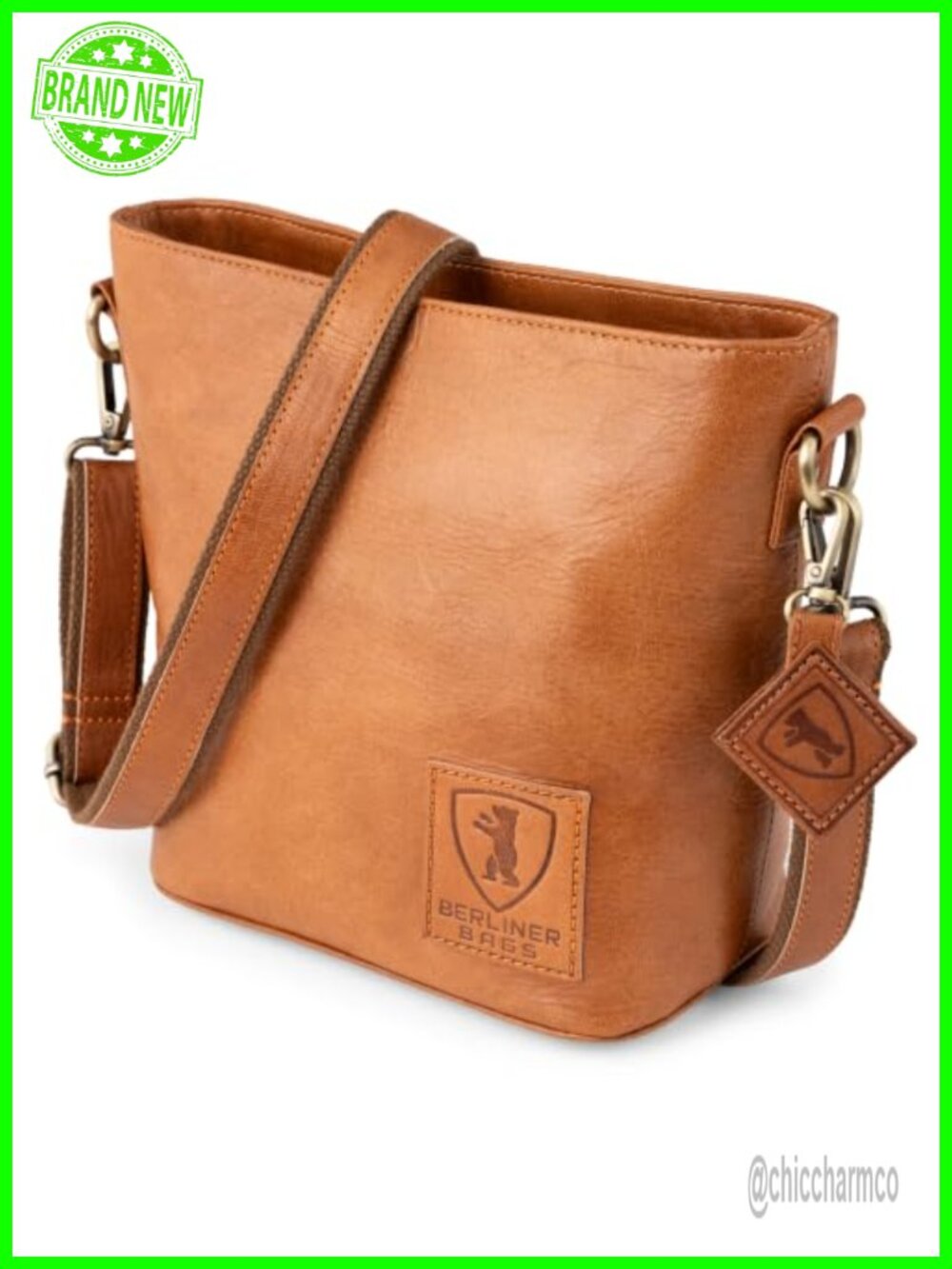 Full Grain Leather Crossbody Bucket Bag with Detachable Bear Charm